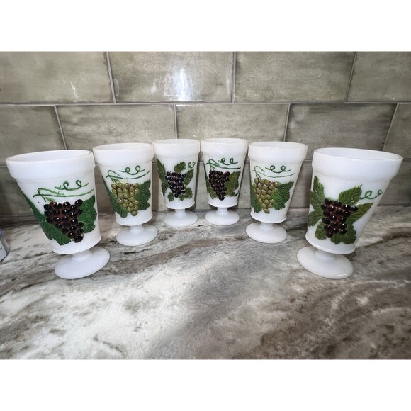 Anchor Hocking Other - Anchor Hocking Harvest Grape Design Milk-Glass Goblets Circa 1950s Rare Painted